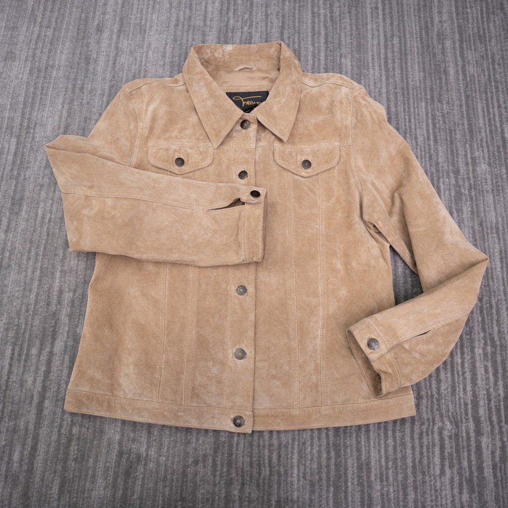 Fabio Suede Leather Jacket Womens L Tan Good Western Trucker Button Front Boho